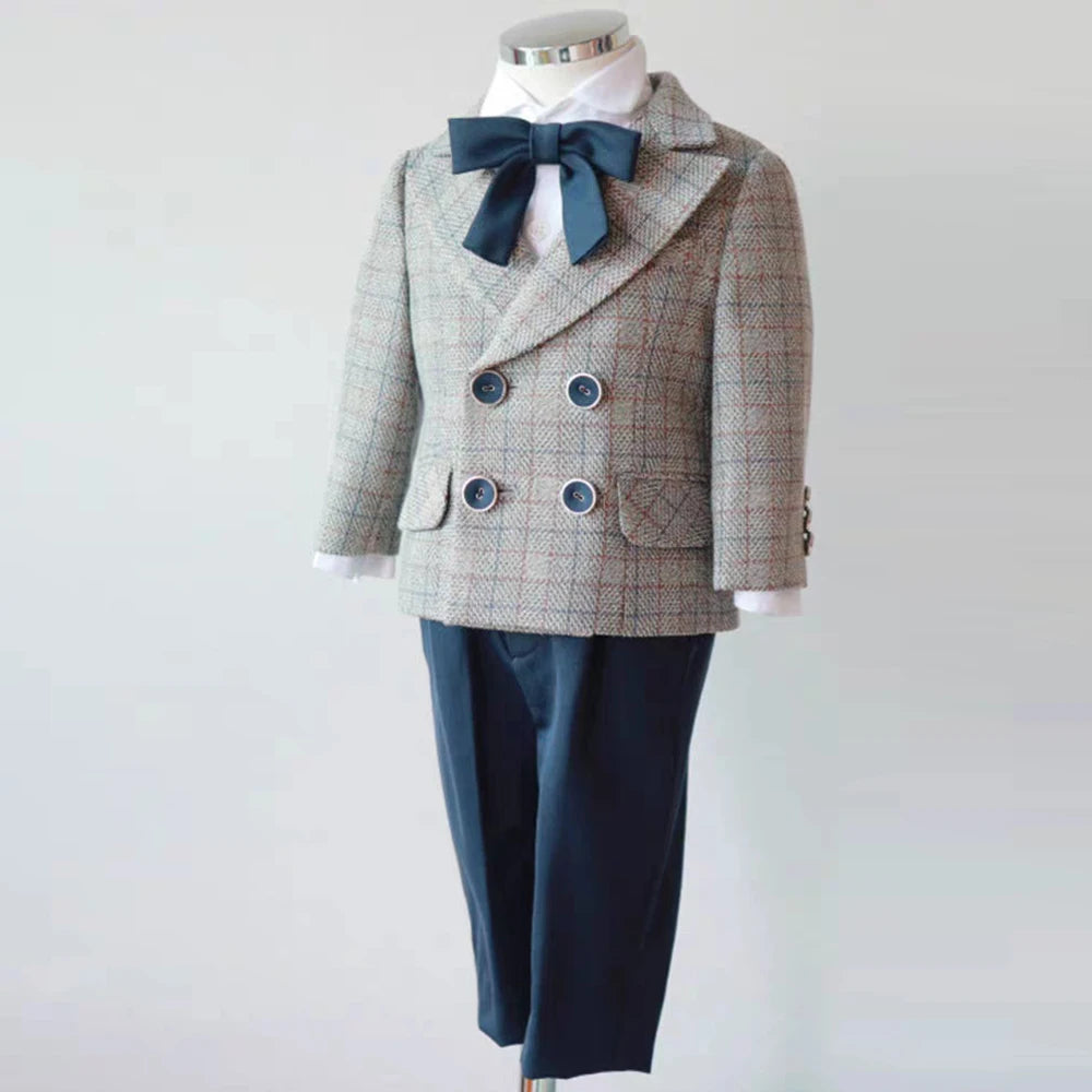 Suit for Kids Wedding autumn and winter Lattice Jacket black Pants braces Boys Blazer Casual Clothes Baby 1-8 Years Outfit