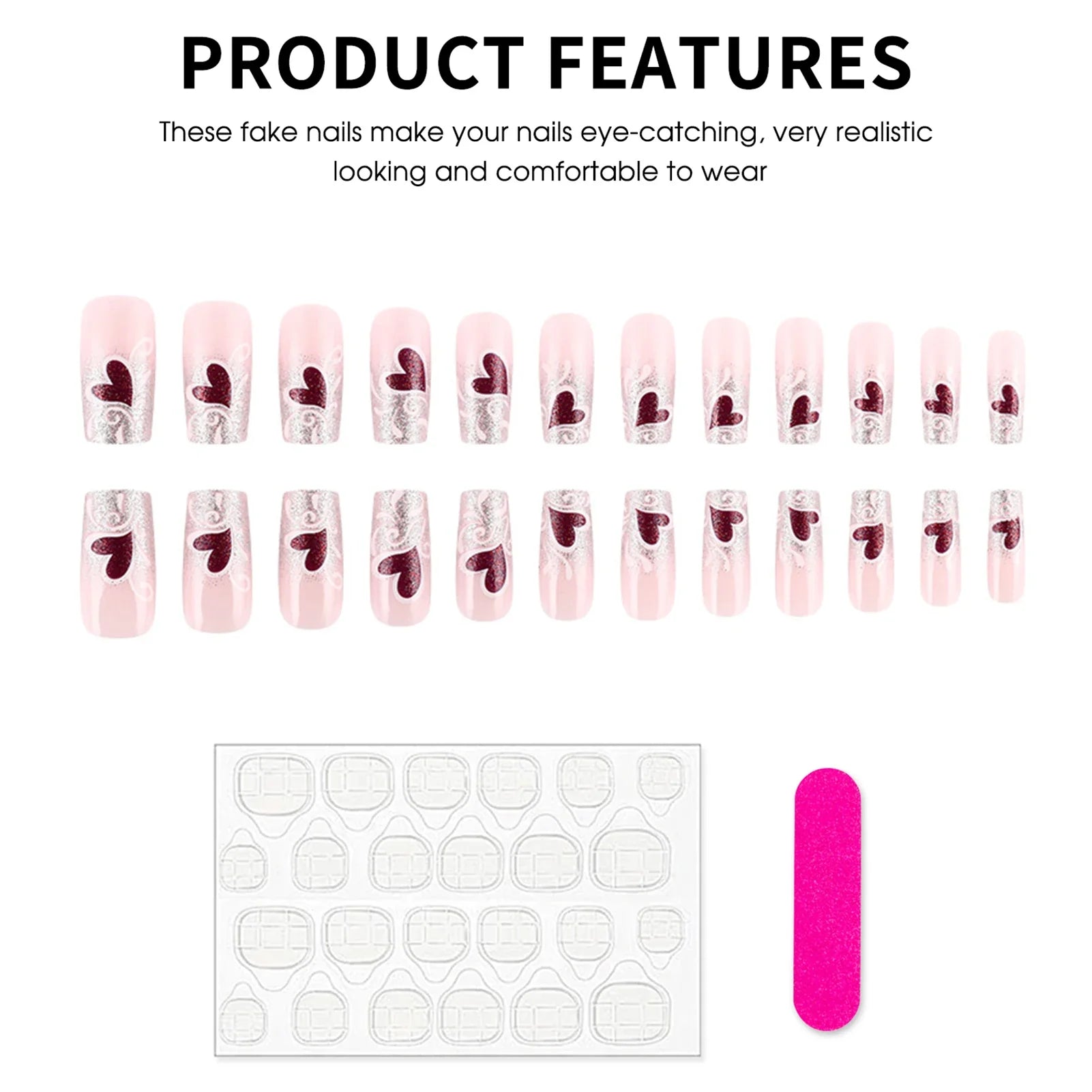 Glossy Silver Sequins French Fake Nails 24Pcs Y2K Girls Press On Nails Purple Love Heart Printed Valentine's Day Charm Manicure