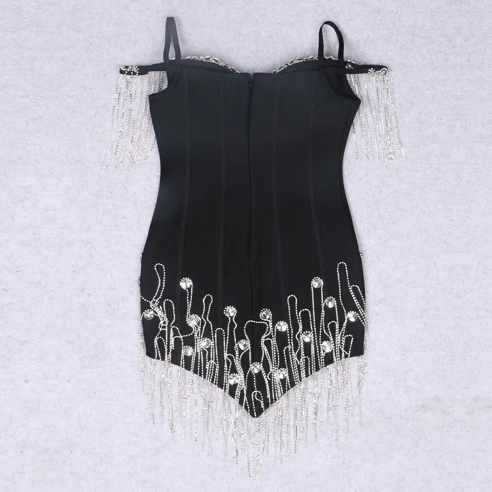 2023 New Summer Women Strap Off the Shoulder Bodycon Mini Dress Rayon Bandage Diamond Chain Nightclub Party Celebrate Dress