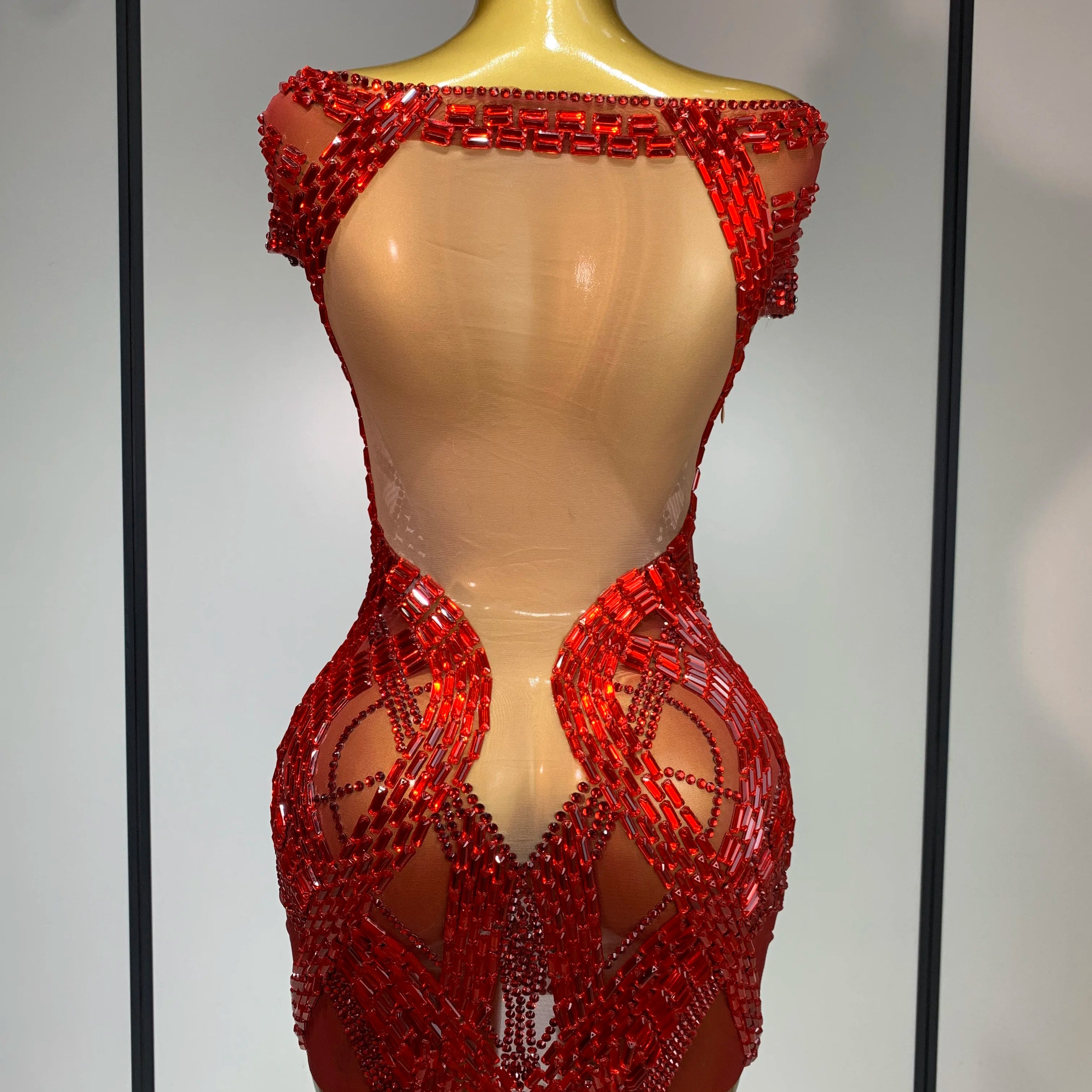 Luxury Rhinestones Sexy Mesh See Through Mini Dress Women Celebrate  Birthday Evening Party Dress Stage Performance  Costume