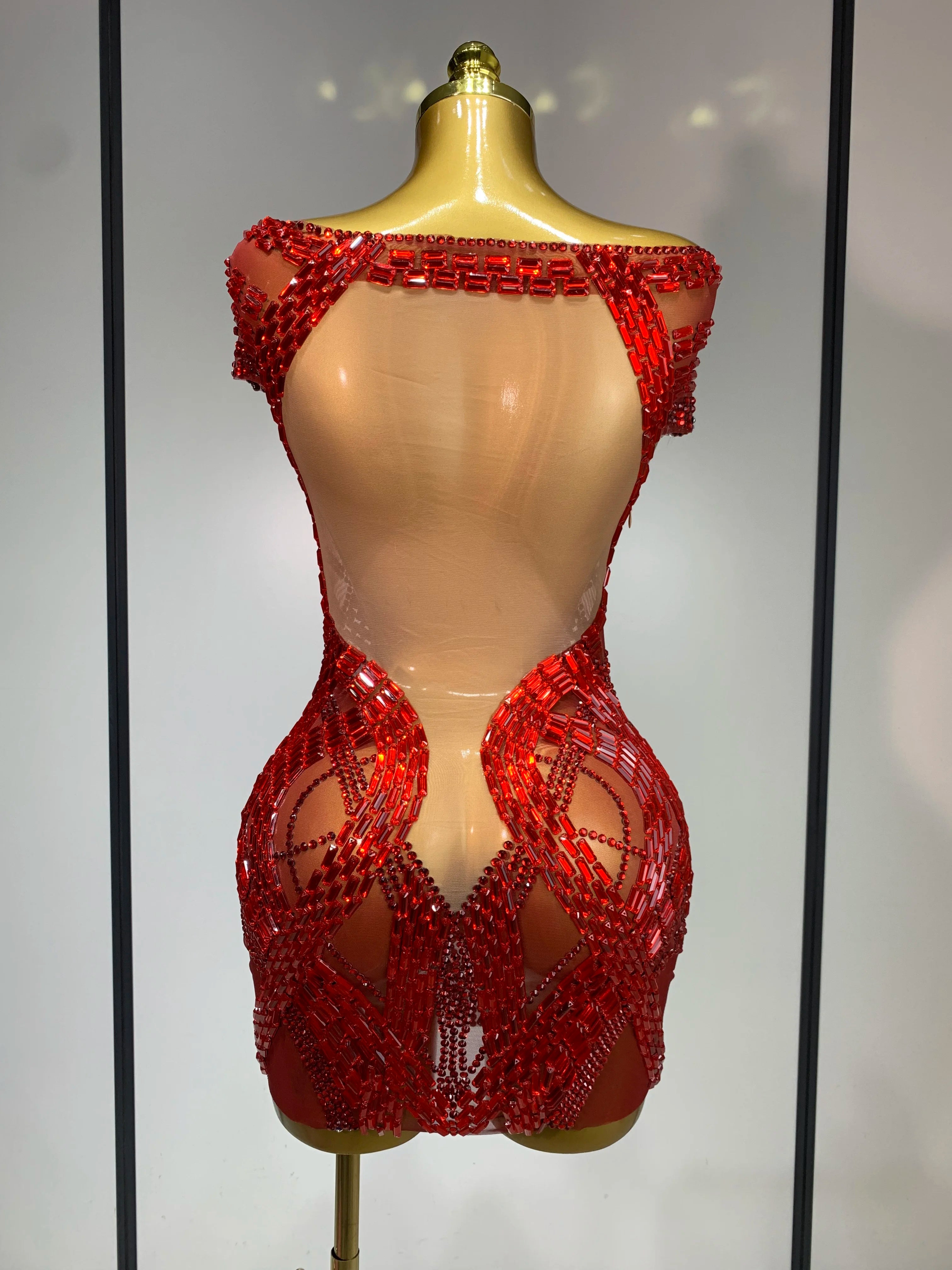 Luxury Rhinestones Sexy Mesh See Through Mini Dress Women Celebrate  Birthday Evening Party Dress Stage Performance  Costume