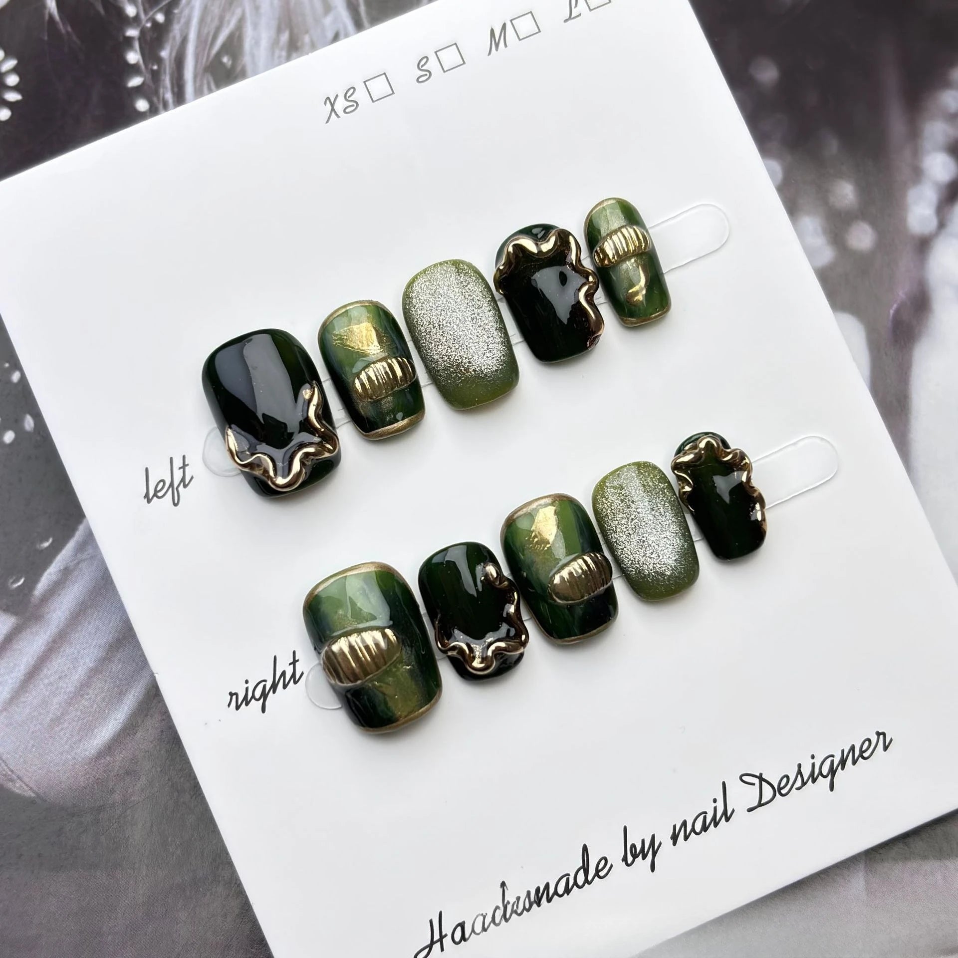 10Pcs Black Green Handmade Manicure French Tips Golden Stripes 3D Irregular Design Cat Eye  Short Square Acrylic Fake Nails Set