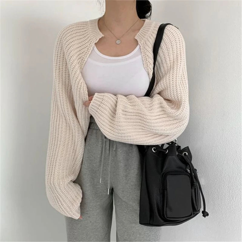 Chic Korean Fashion Short Cardigans Knitted Poncho Women Summer Elegant Vintage Minimalist Lady Tops Beige One Size