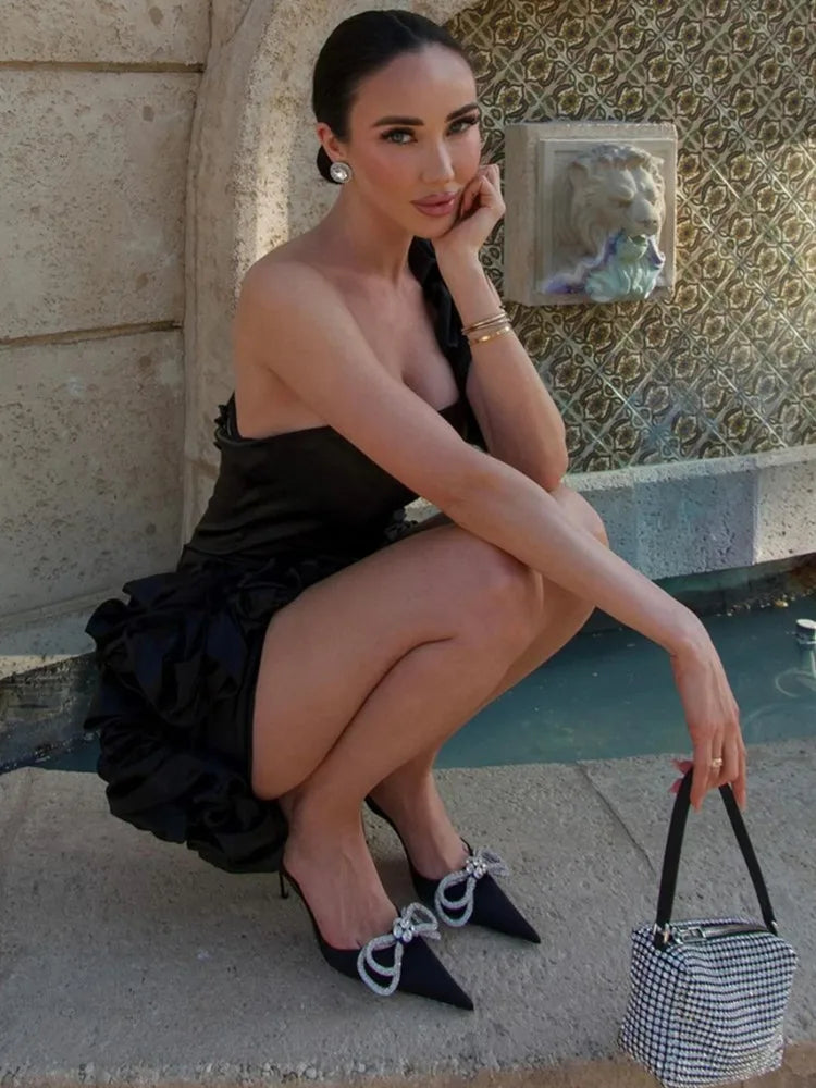 est Women Celebrity Sexy One Shoulder Ruffles Black Mini Gowns Dress 2024 Elegant Evening Party Club Dress Vestido