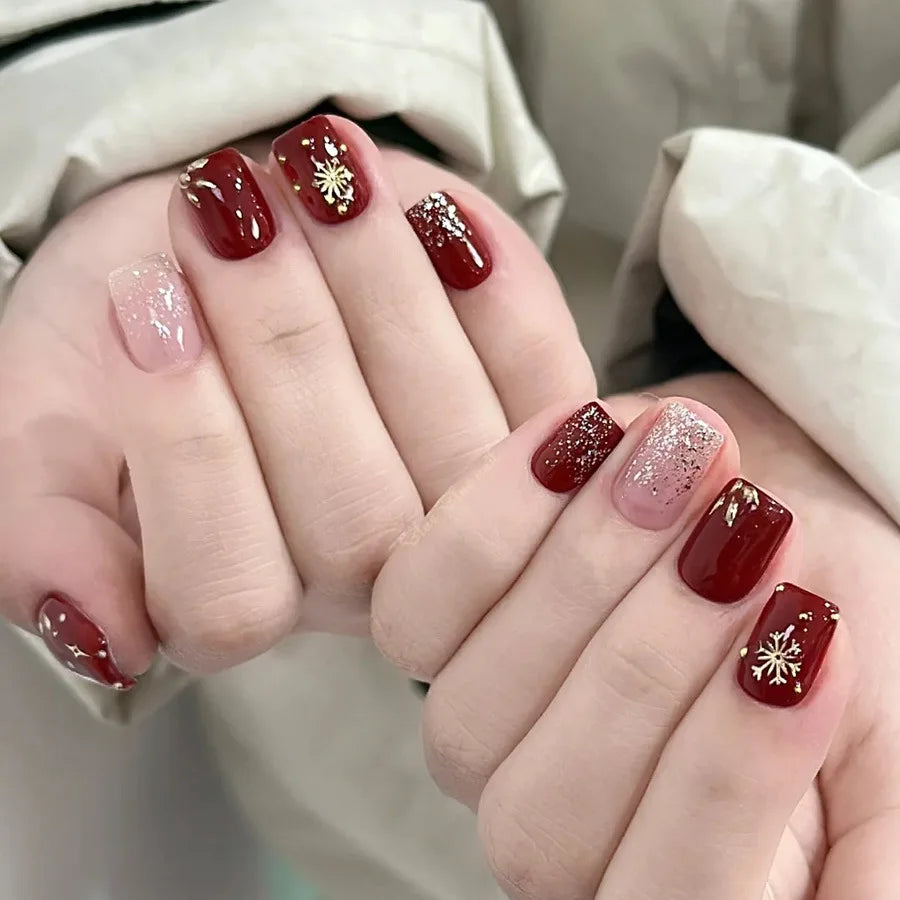24pcs/set short medium fake nails square ballet tips new year red gradient colors with glitters faux ongles press on false nail