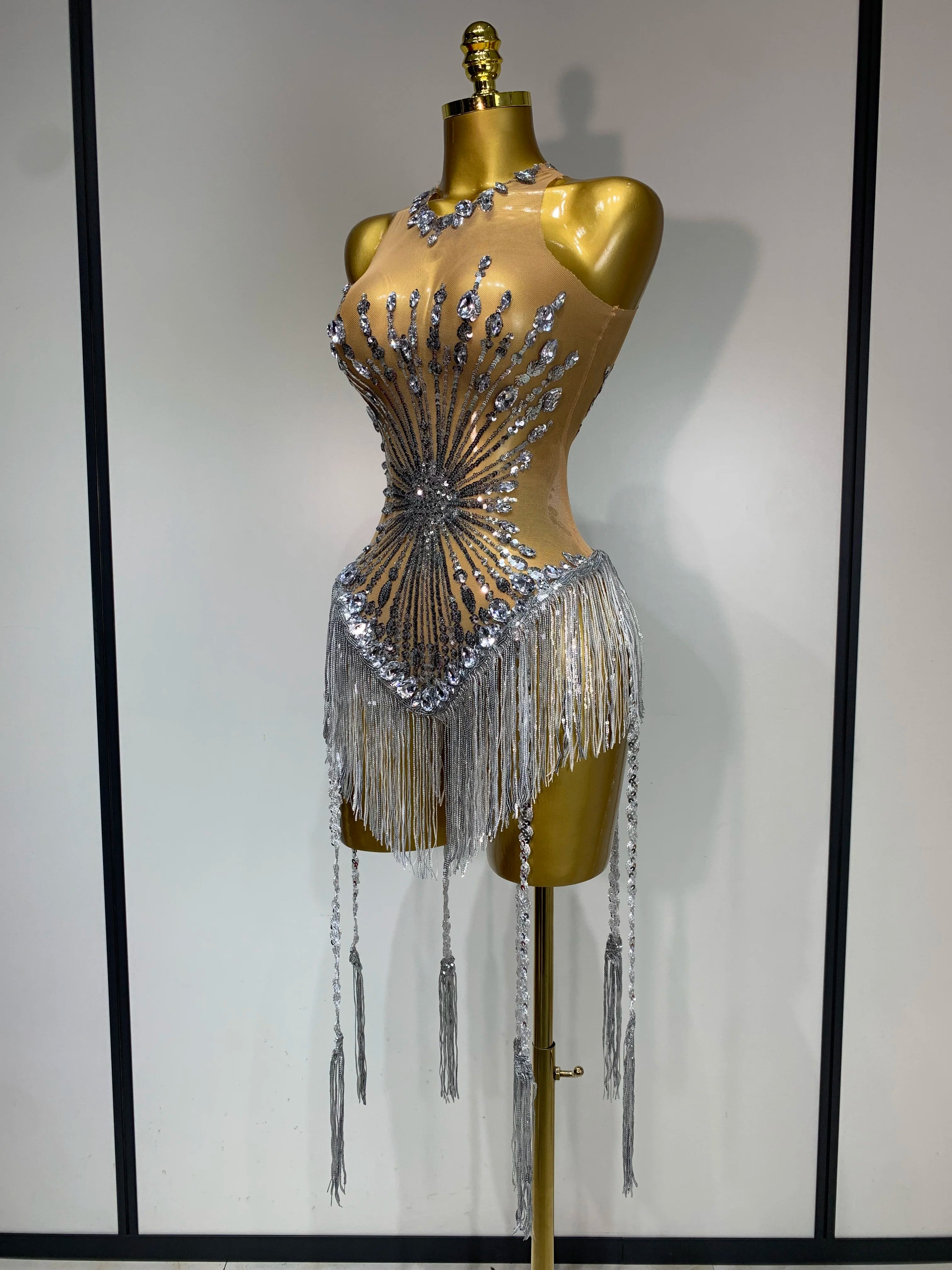 Women Sexy Mesh See Through Diamonds Long Tassels Bodysuit Luxury Evening Party Bar Nightclub Stage Performance Singer Outfit