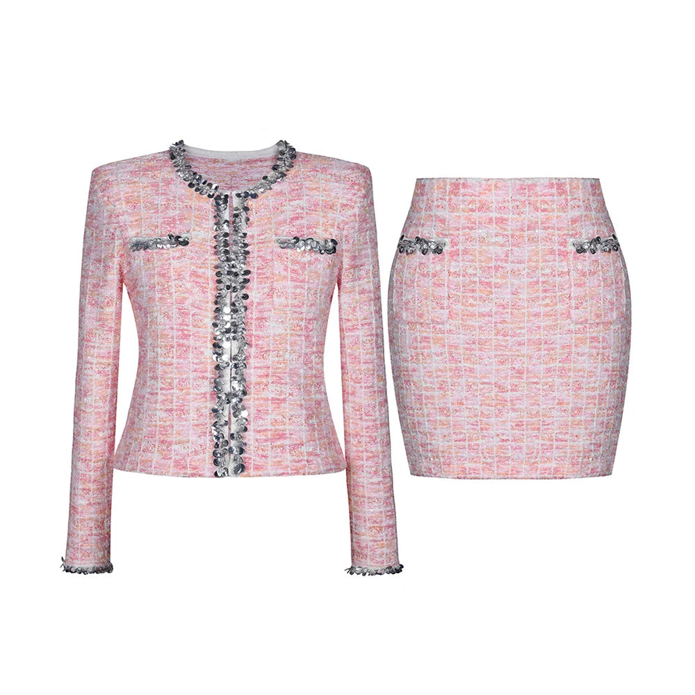 Two Piece Sets for Women Round Neck Long Sleeves Spliced Diamonds Top High Waist Patchwork Pockets Skirt Female New