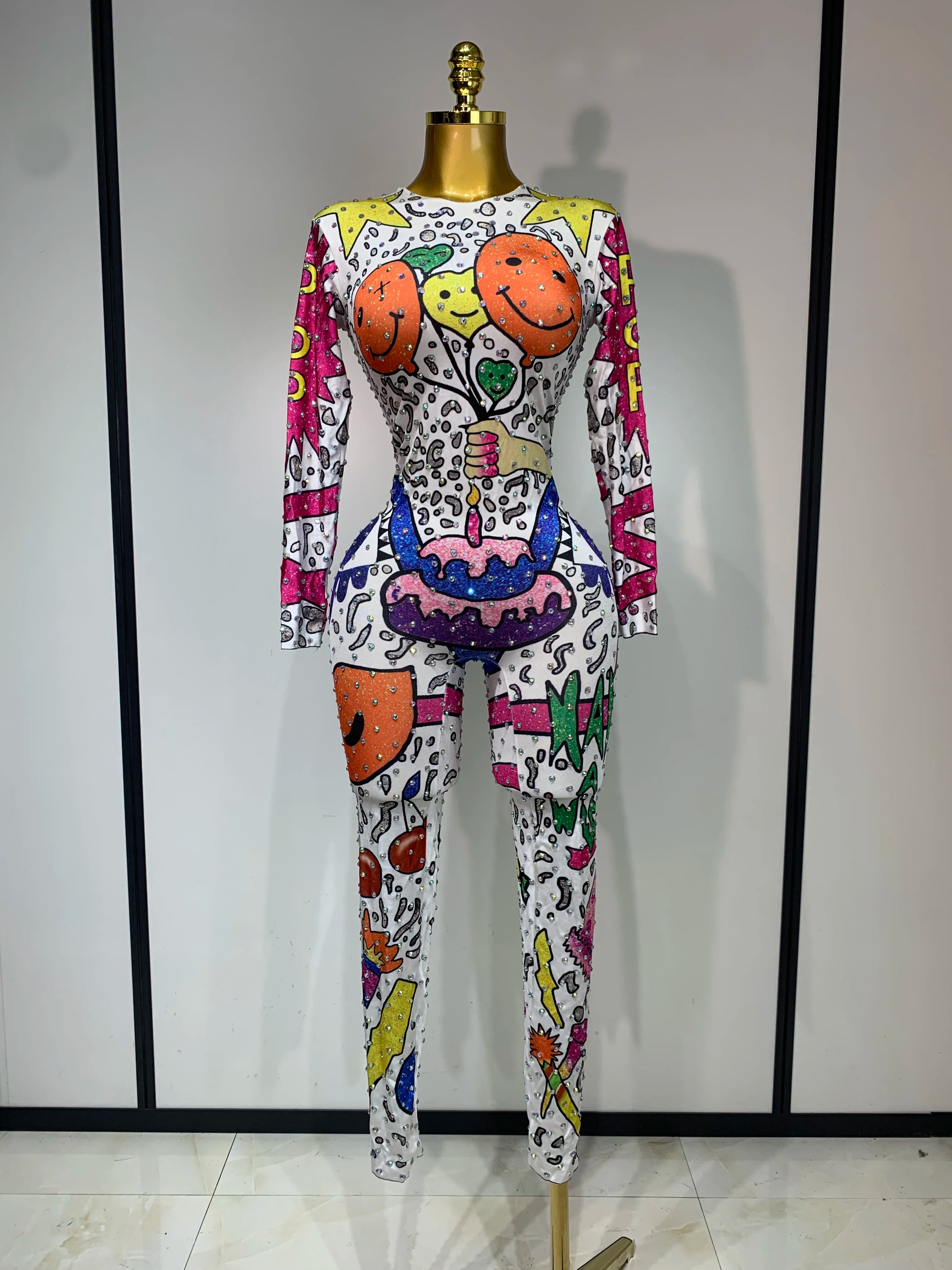Sparkly Colorful Balloon Cartoon Stretch Sexy Dance Stage Jumpsuit Birthday Party Shiny Rhinestone Performance Club Stage Outfit