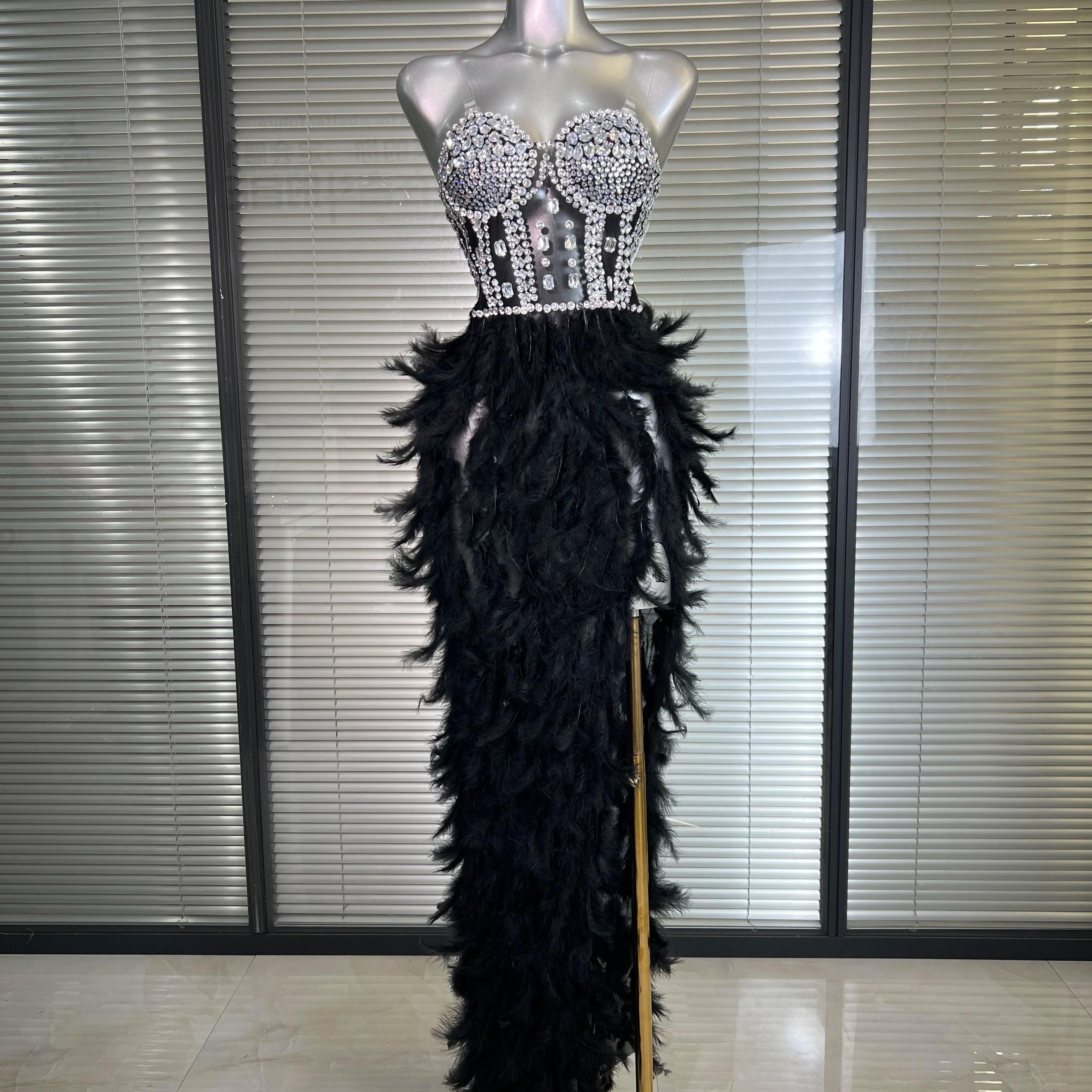 New Women Sexy Mesh Stretched Split Feathers Performance Costume Stage Black Nude High Stretchy Night Club Party Maxi Dress