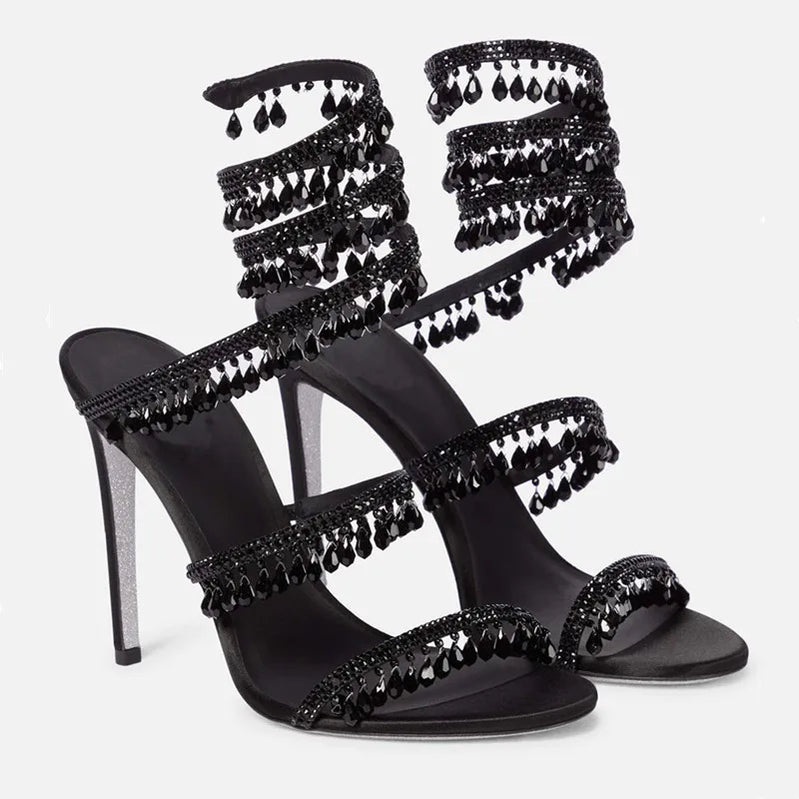 Fashion Crystal Pendant Tassels Women Sandals Sexy Snake Coiled Stiletto High heels Gladiator sandals Summer Wedding Party Shoes Black