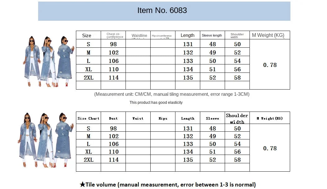 European and American Fashion Women's Wear with Holes Long Sleeved Denim Trench Coat Cardigan Denim Cape