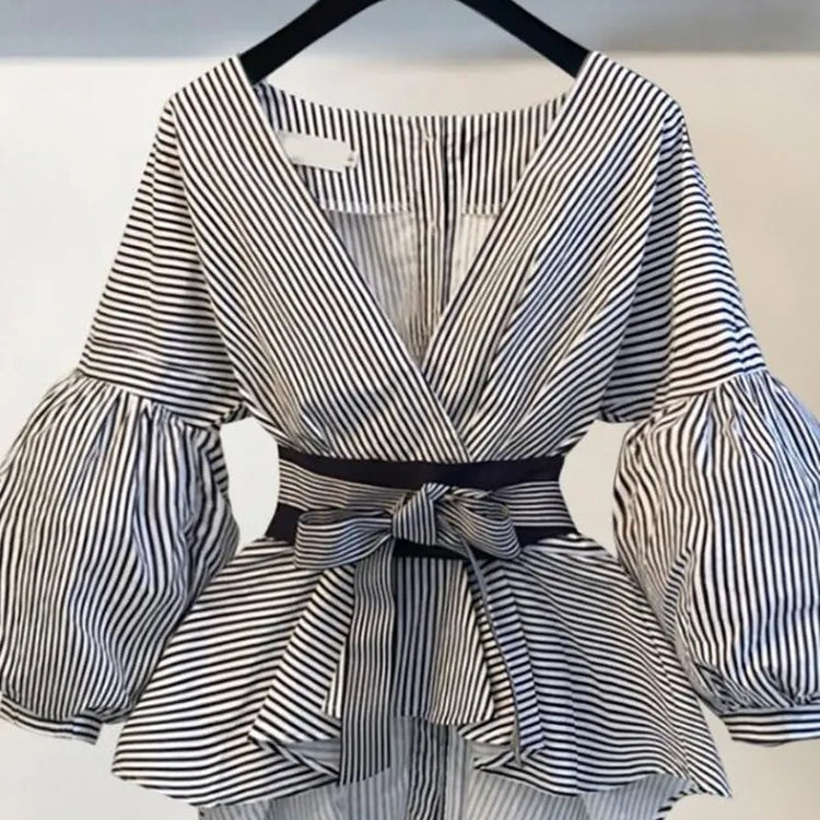 Lantern Sleeve Blouse Shirt Women 2023 Fashion Korean Style Summer Bow V-neck Striped Shirt Elegant Ladies Tops Female Clothing TOP 1
