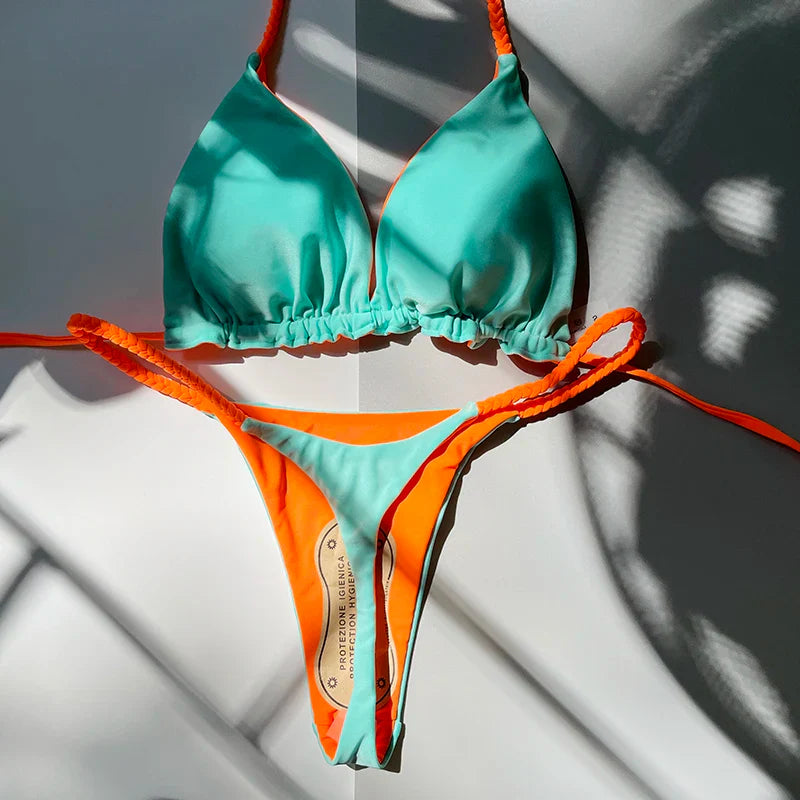 QINJOYER Women Swimwear Bikini Set Thong Swim Suit Women Bathing Suits Bikini Biquini Brazilian Swimwear Lake Blue