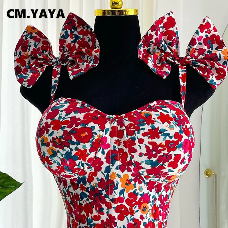 CM.YAYA Women Floral Printed Sleeveless Bowknot Strap Big Swing Mini Dress 2025 Evening Sexy Beach Party Birthday Street Dresses