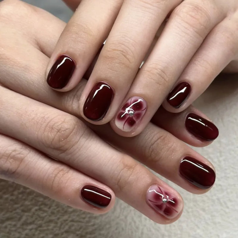 24Pcs Short Square Head Press on Nails Wine Red Flower Smudge with Design False Nails Simple Reusable Full Cover Fake Nails Tips