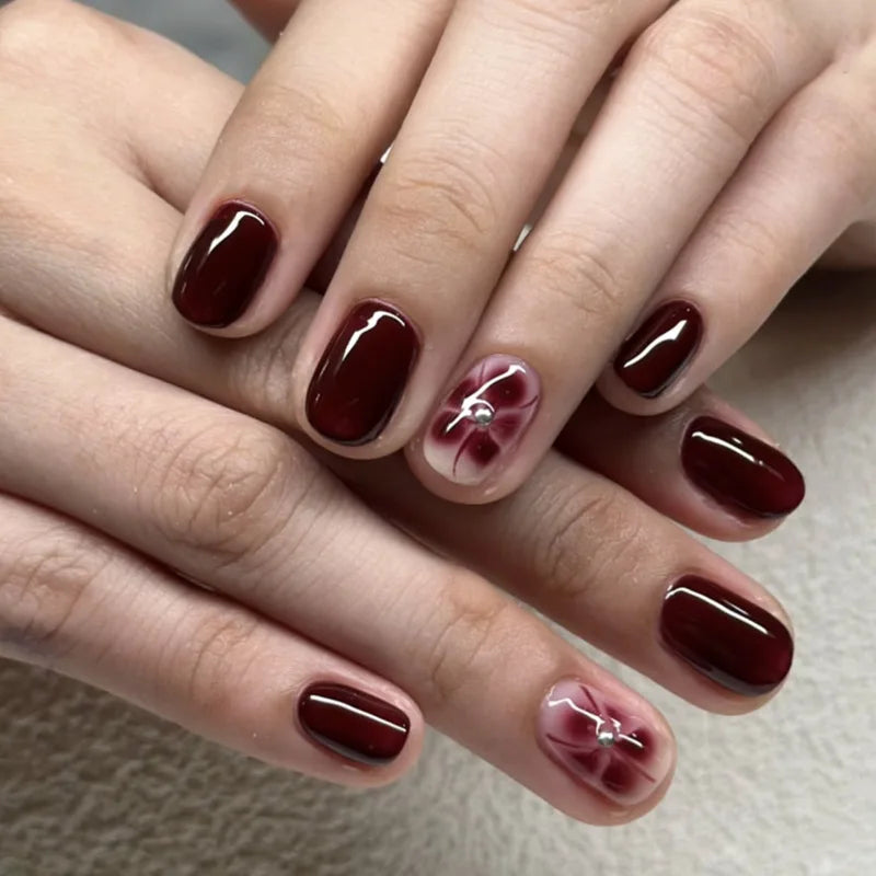 24Pcs Short Square Head Press on Nails Wine Red Flower Smudge with Design False Nails Simple Reusable Full Cover Fake Nails Tips
