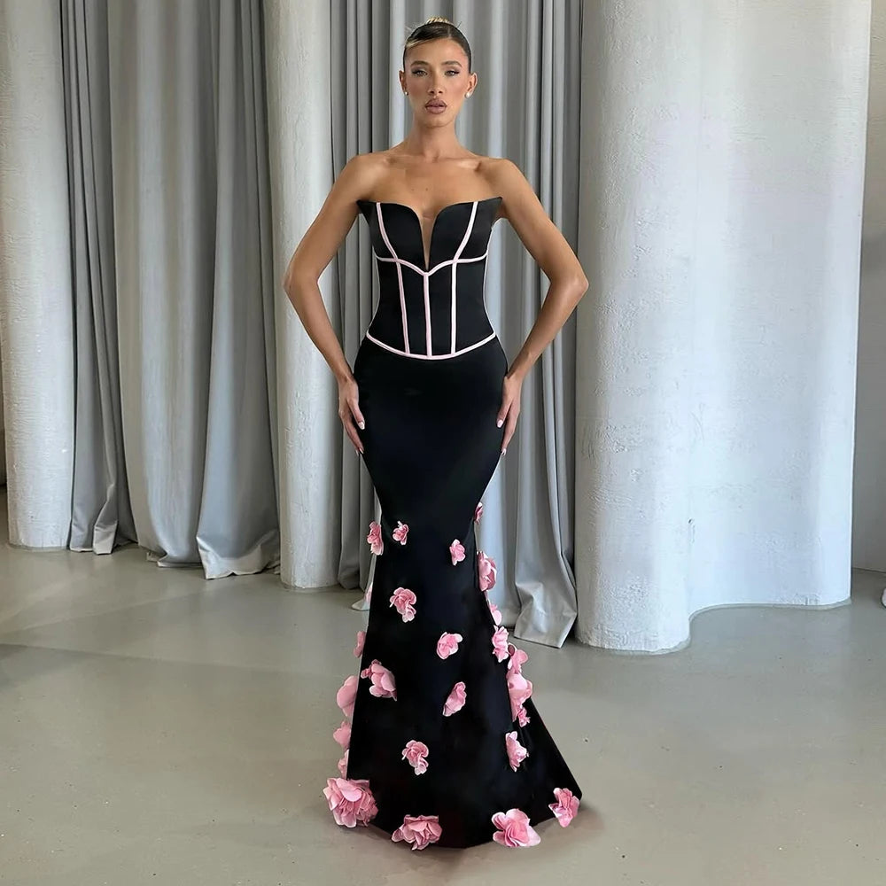 Sexy Off Shoulder 3D Flowers Bandage Mermaid Dresses Womens Strapless Evening Party Formal Long Dress Birthday Prom Vestidos