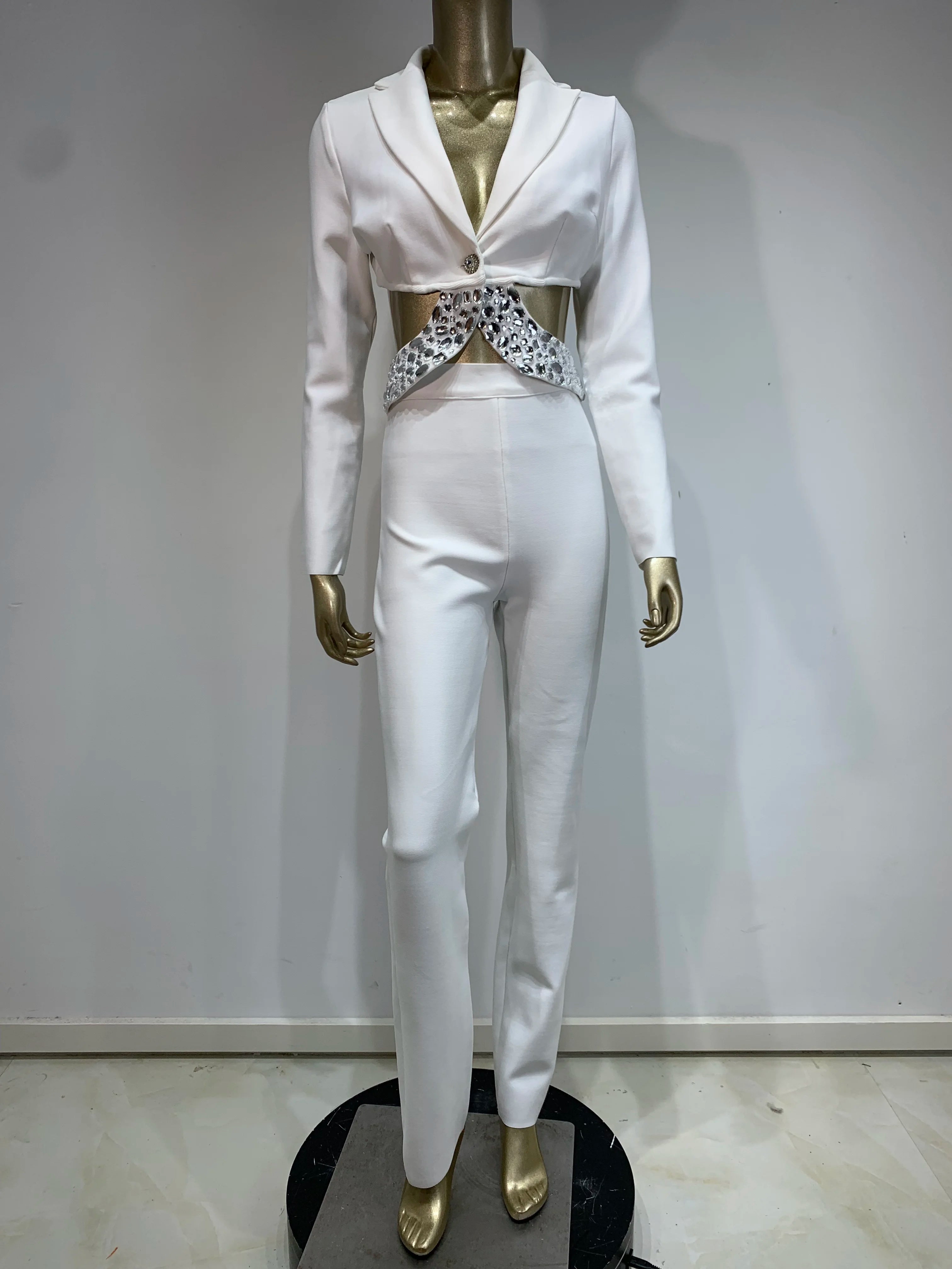 Women Winter Sexy Long Sleeve Beading Black White Two Pieces Pants Bandage Set 2025 Celebrity Designer Fashion Women's Set