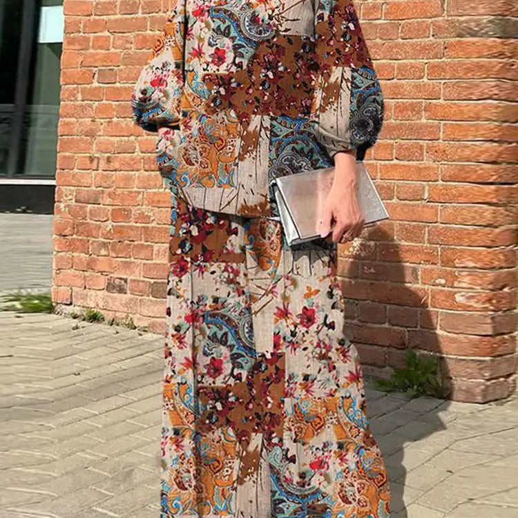 Plus Size ZANZEA Bohemian Matching Sets Casual Printed 2pcs Suits 2023 Women 3/4 Sleeve Tops Tracksuit Autumn Wide Leg Pant Sets