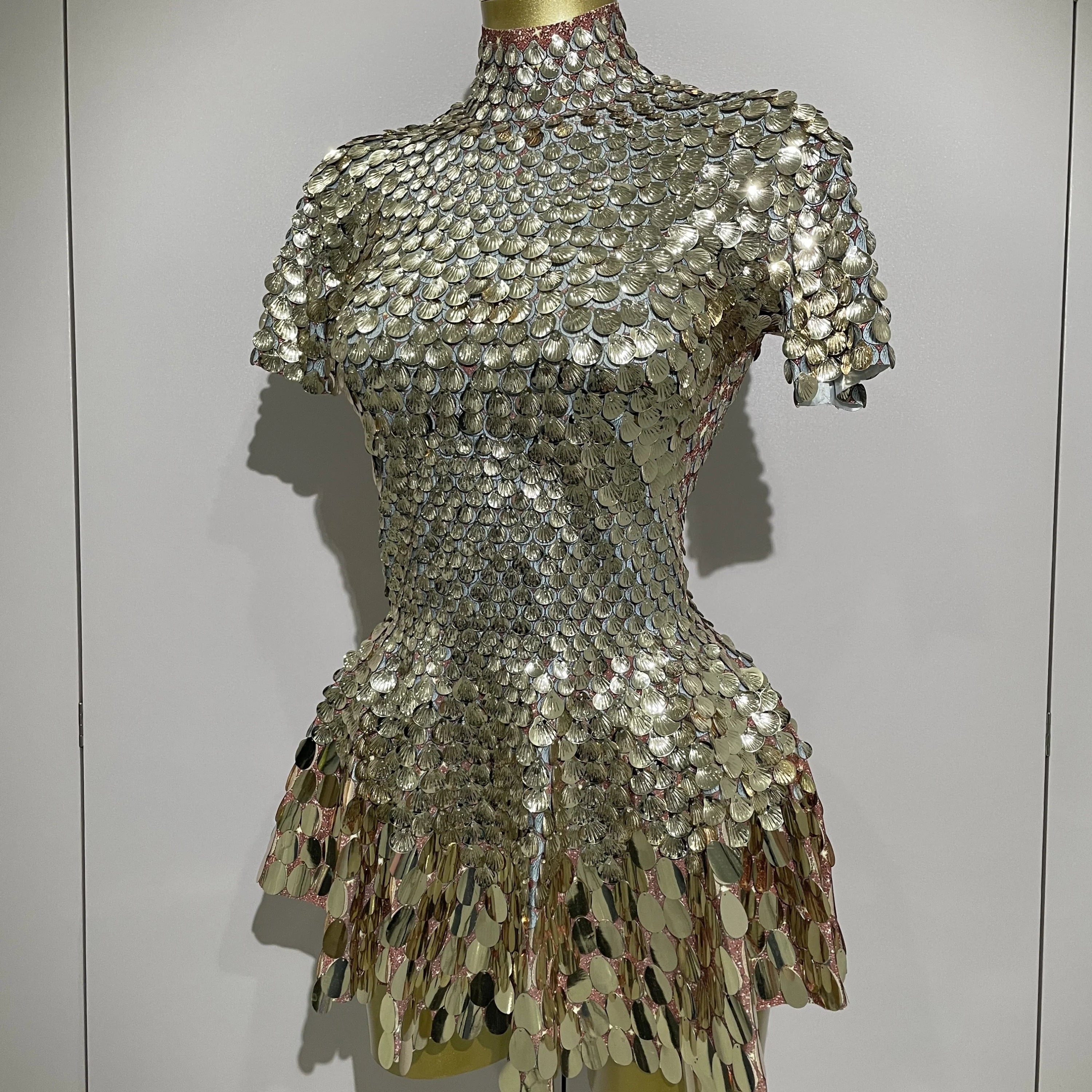 Luxury High Quality Shiny Shell Sequins Bodysuit Dress Women Sexy Nightclub Dance Performance Clothing Birthday party Dresses