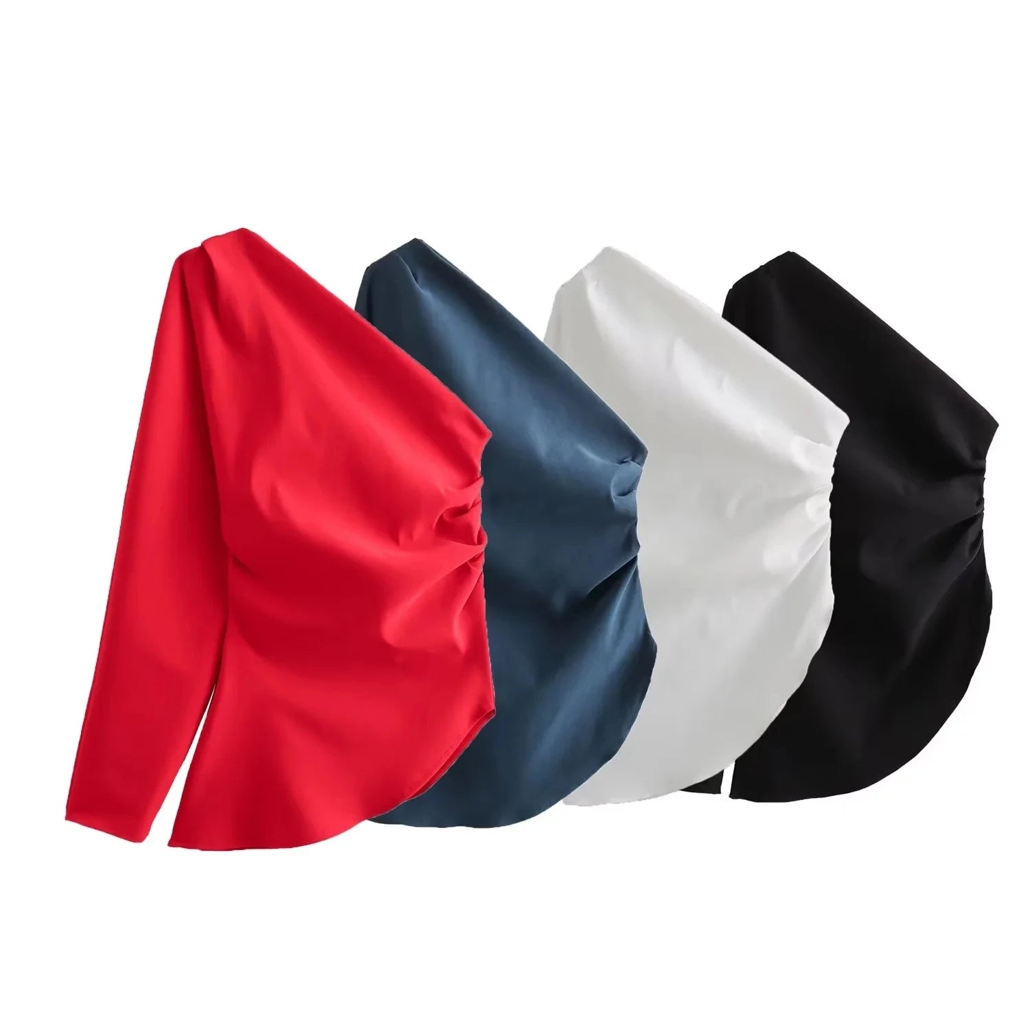 Autumn Vintage Women Solid Shirt Folds Asymmetrical One-Shoulder Shirt Skew Collar Shirt Women Elegant Mujer Tops