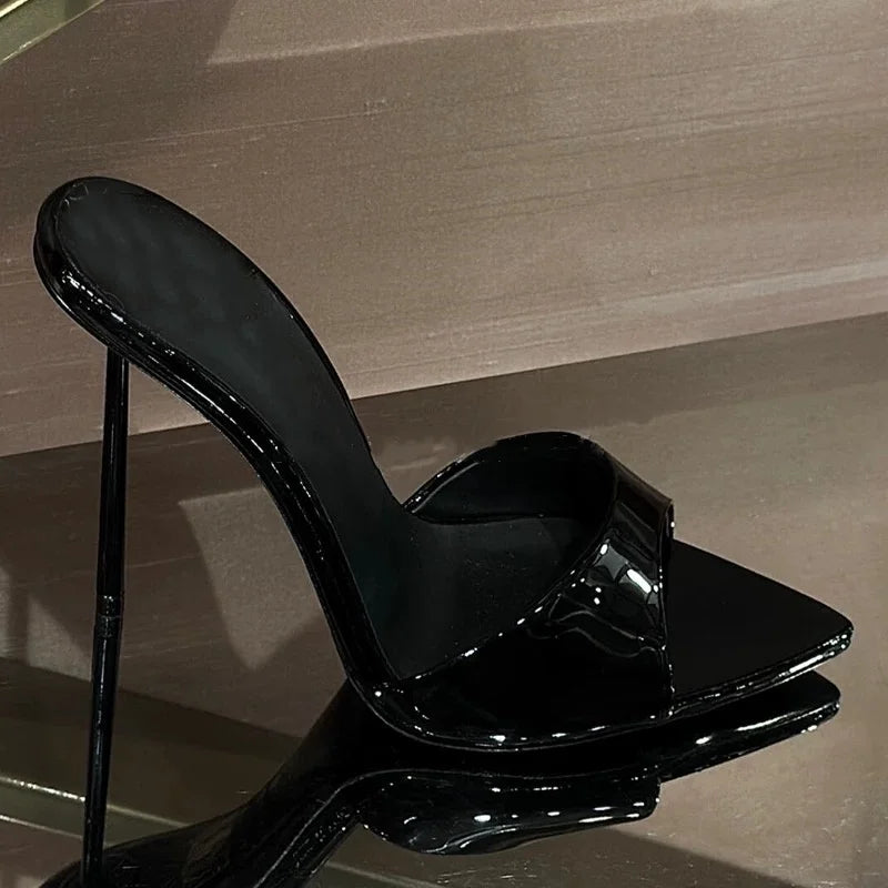 Red Patent Leather Heeled Sandals Shallow Slip On Mules Solid Sexy Heels Stiletto Summer 9CM Shoes Peep Toe One Strap Sandalias