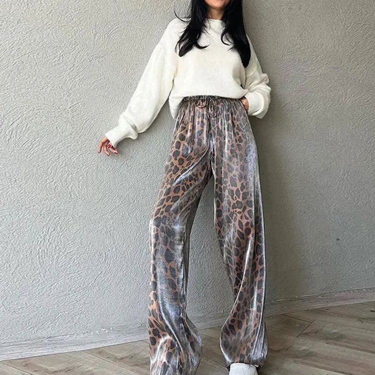 Fashion Leopard Print Wide Leg Pants Women Chic Glitter High Waist Elastic Lace Up Loose Long Pants Casual High Street Wear