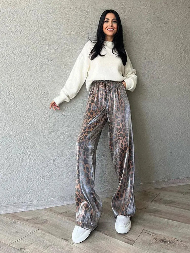 Fashion Leopard Print Wide Leg Pants Women Chic Glitter High Waist Elastic Lace Up Loose Long Pants Casual High Street Wear