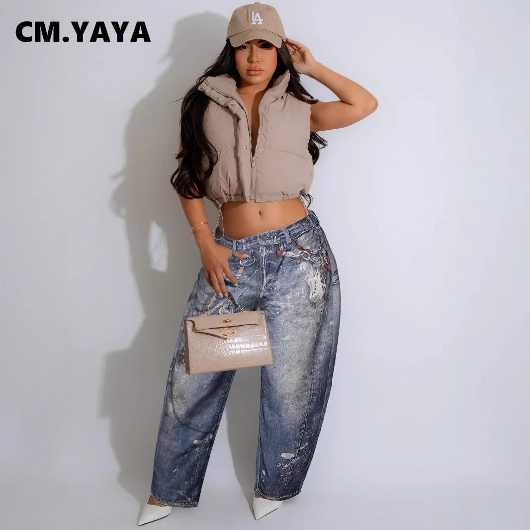 CM.YAYA Fashion Women Fake Denim 3D Print Loose Wide Leg Jogger Pants 2025 Streetwear Casual Active Hip Hop Sweatpants Trousers