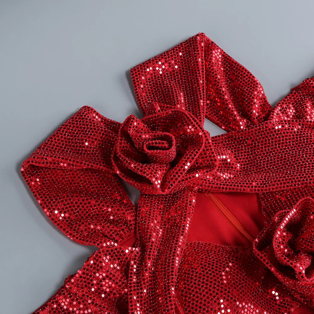 Autumn Red Color Shinning Sequins Women Long Sleeve Sexy Halter Bodycon Long Dress Florals Wedding Mermaid Party Dress