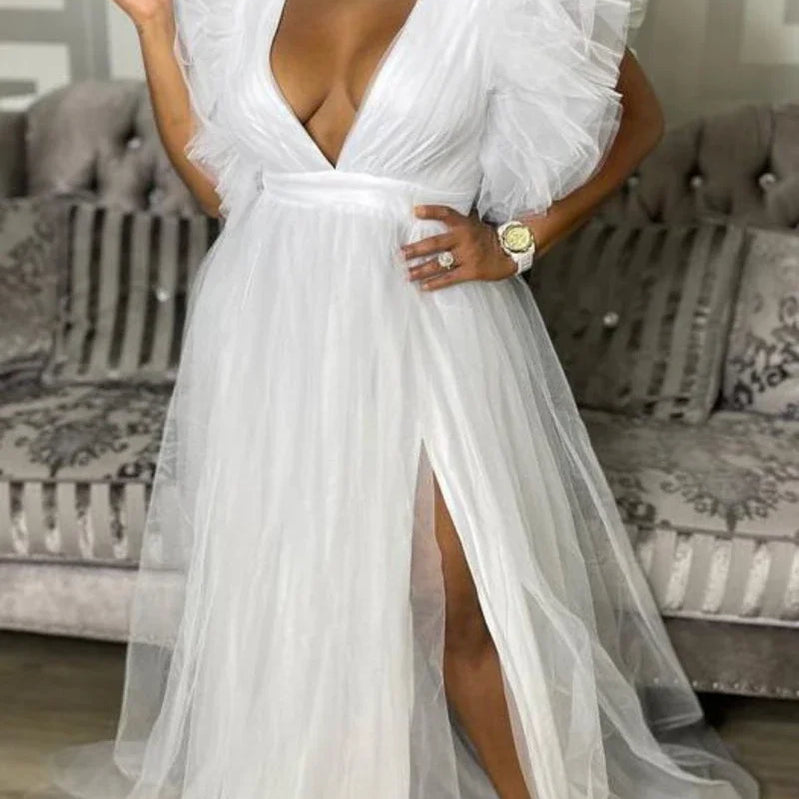 CM.YAYA Women Cascading Ruffles Shoulder High Side Split Mesh Patchwork Maxi Long Dress 2023 sexy even Party Vestidos Dresses