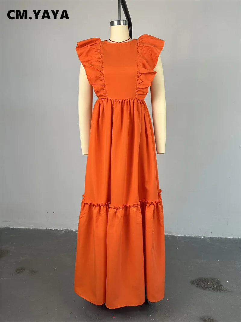 CM.YAYA 2024 Summer Ruffles Short Sleeve Sweet Cute O-Neck Floor-Length Long Women Dress Beach Streetwear Big Swing Maxi Dresses