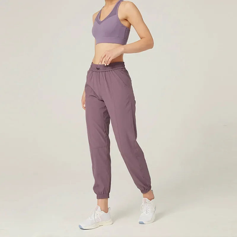 Fabric Drawstring Running Sport Joggers Women Quick Dry Athletic Gym Fitness Sweatpants with Two Side Pockets Exercise Pants Purple 1