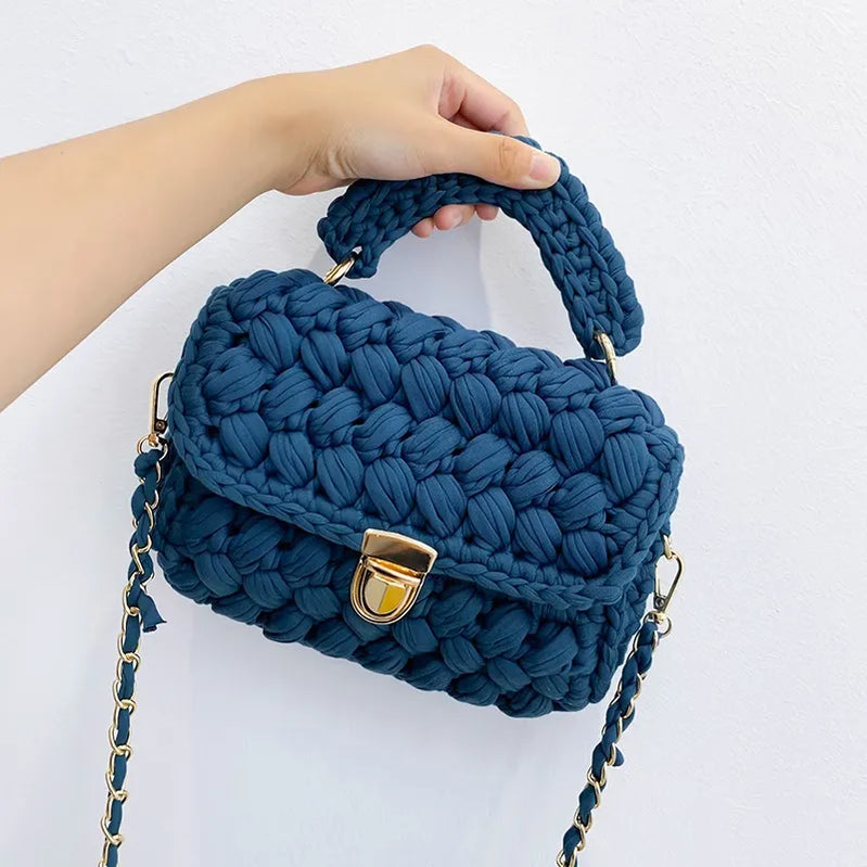 DIY Knitted Handbag Wallet Fashion Rope Woven Ladies Handbag Designer Casual Chain Shoulder Messenger Bag Blue