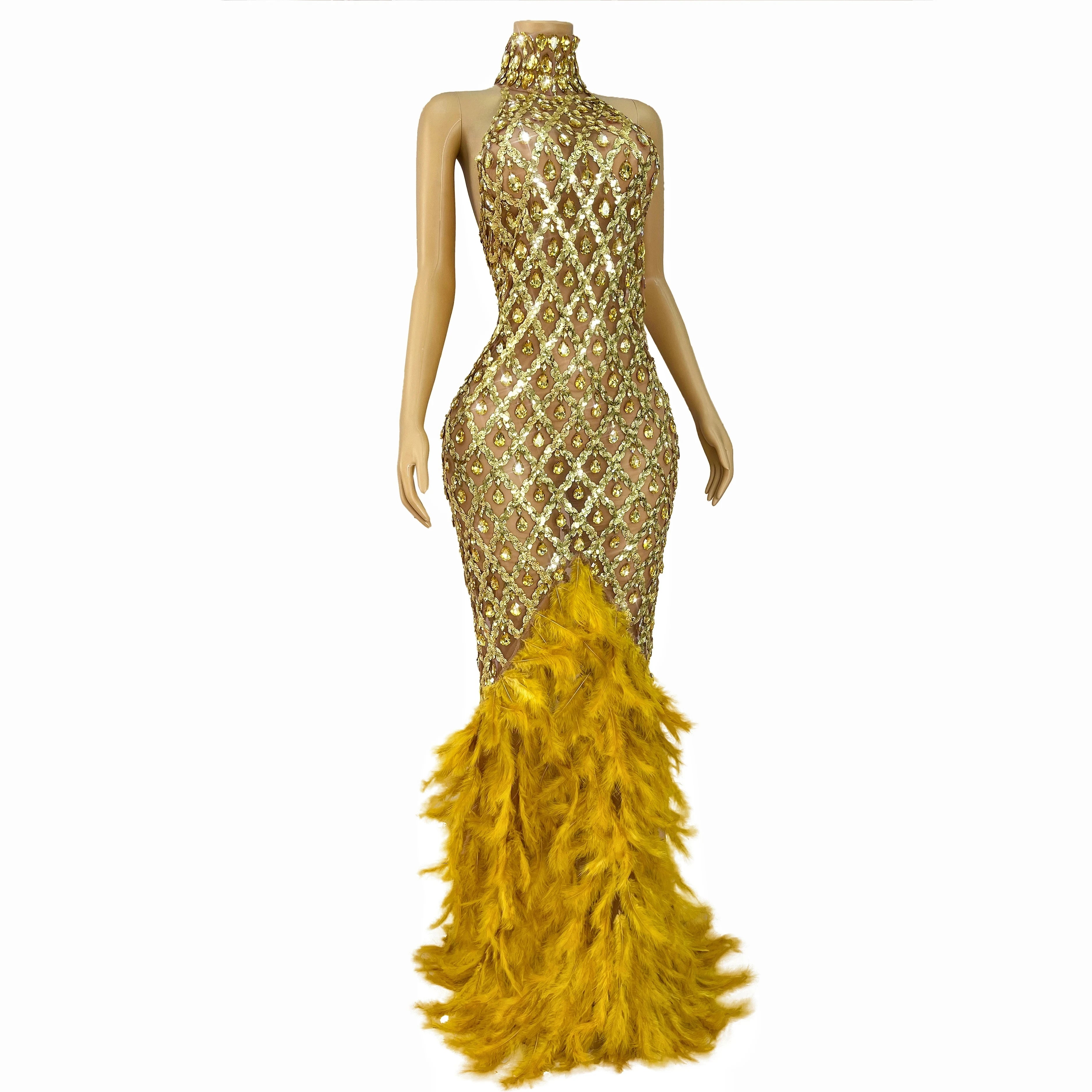 Luxury Shining Gold Rhinestones Feather Sexy Mesh Long Dress Women Birthday Evening Red Carpet Fashion Show Gown Stage Costume