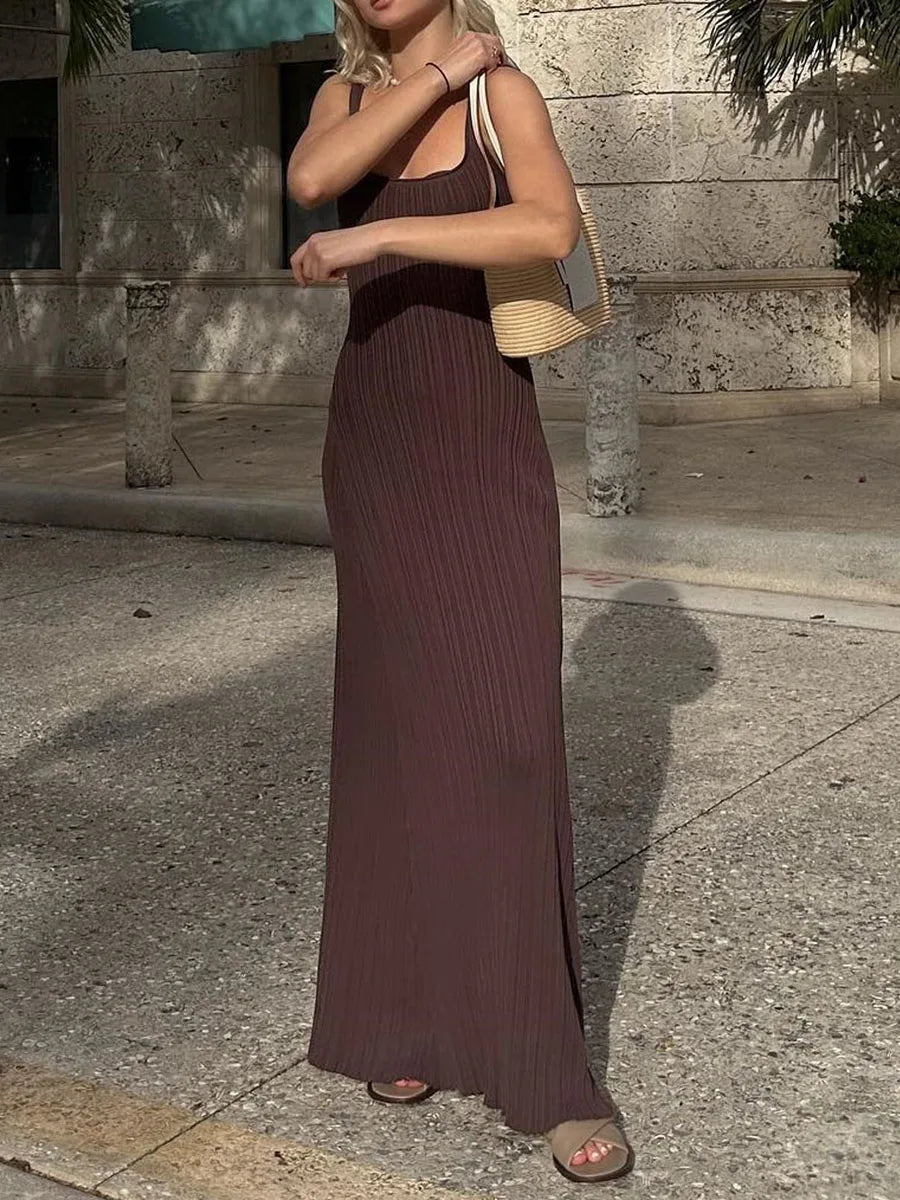 Summer Long Beach Dress for Women Knit Tank Sleeveless U-Neck Party Cocktail Dress Club Streetwear