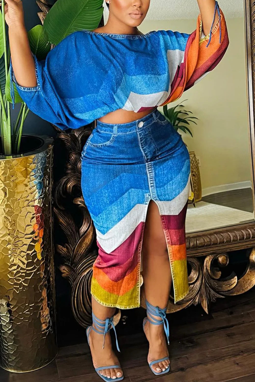 Plus Size Daily Blue Colorblock Round Neck Half Sleeve Split Denim Two Piece Skirt Sets