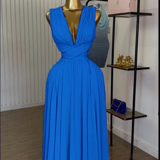 CM.YAYA Women Sleeveless Cutout Back Wrap V-neck Pleated A-line Chiffon Maxi Long Dress Birthday Vacation Sexy Party Dresses BLUE