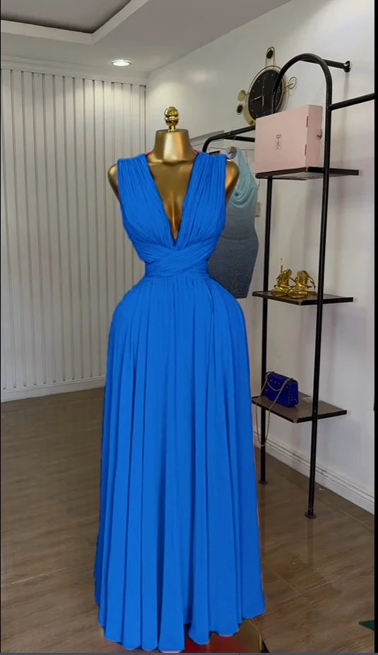 CM.YAYA Women Sleeveless Cutout Back Wrap V-neck Pleated A-line Chiffon Maxi Long Dress Birthday Vacation Sexy Party Dresses BLUE