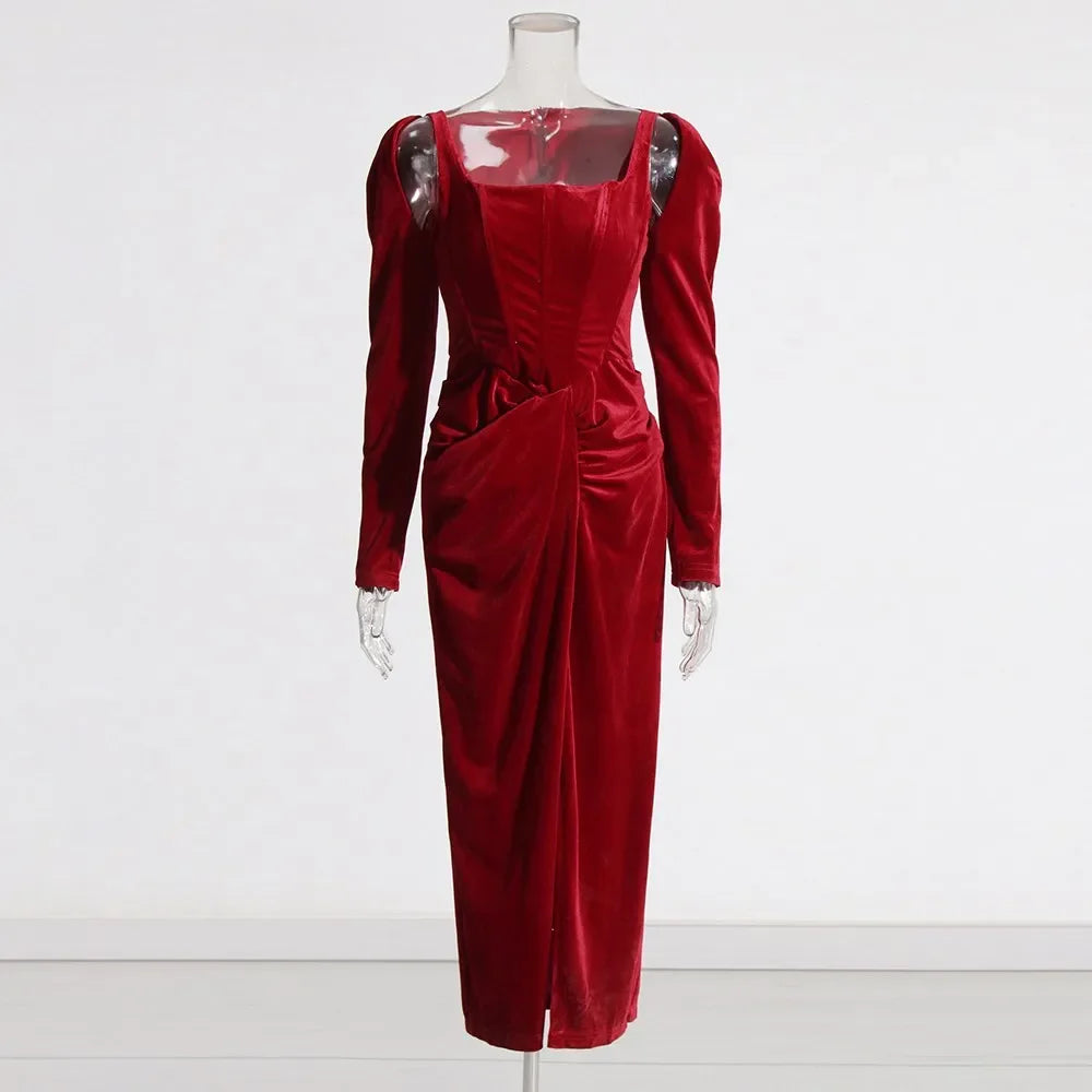 Solid Patchwork Folds Elegant Dresses For Women Square Collar Long Sleeve High Waist Split Slimming Dress Female