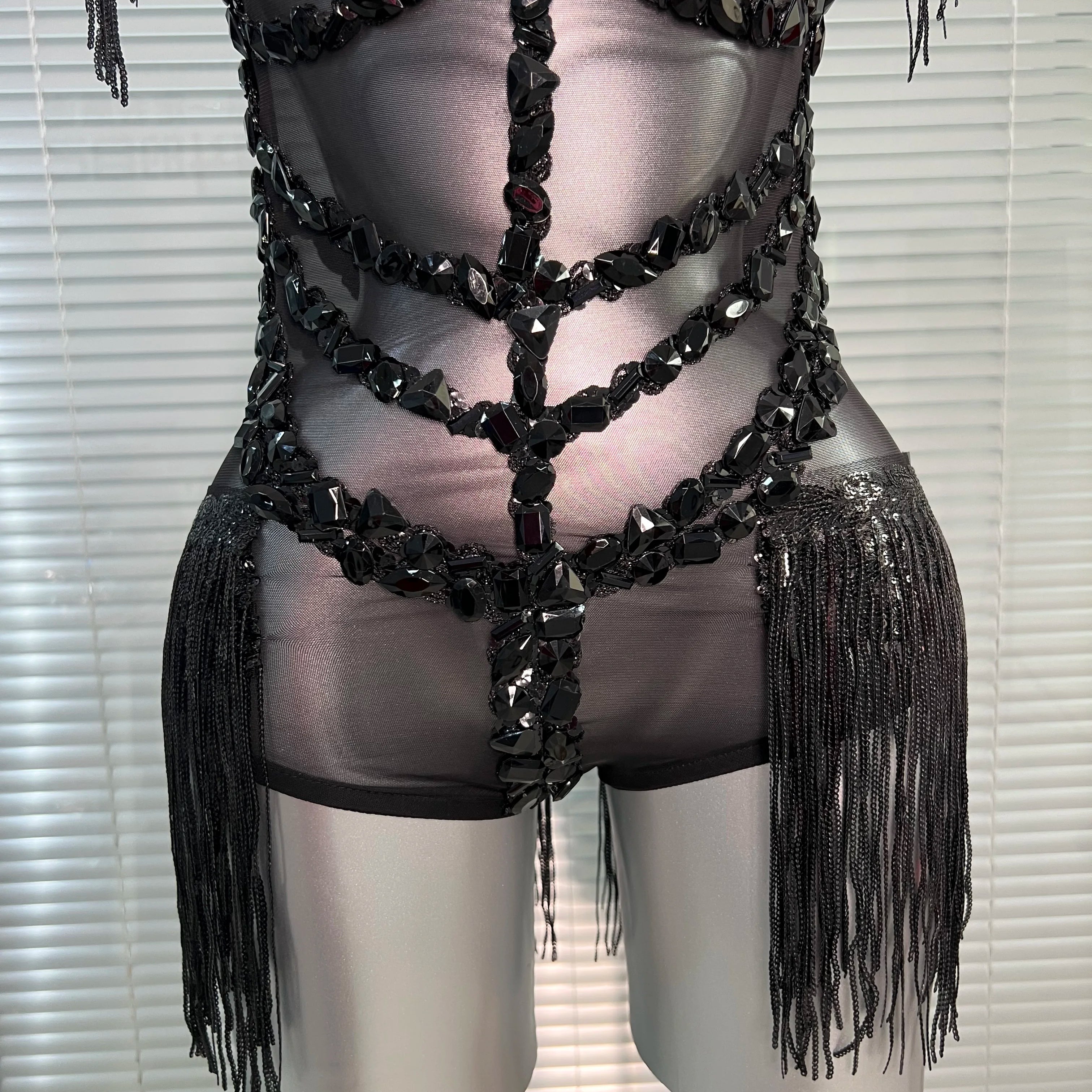 Summer New Women Sexy Black Tassel Crystal Diamonds Stretchy Night Club See Through Singer Dancer Stage Costume Party Bodysuit