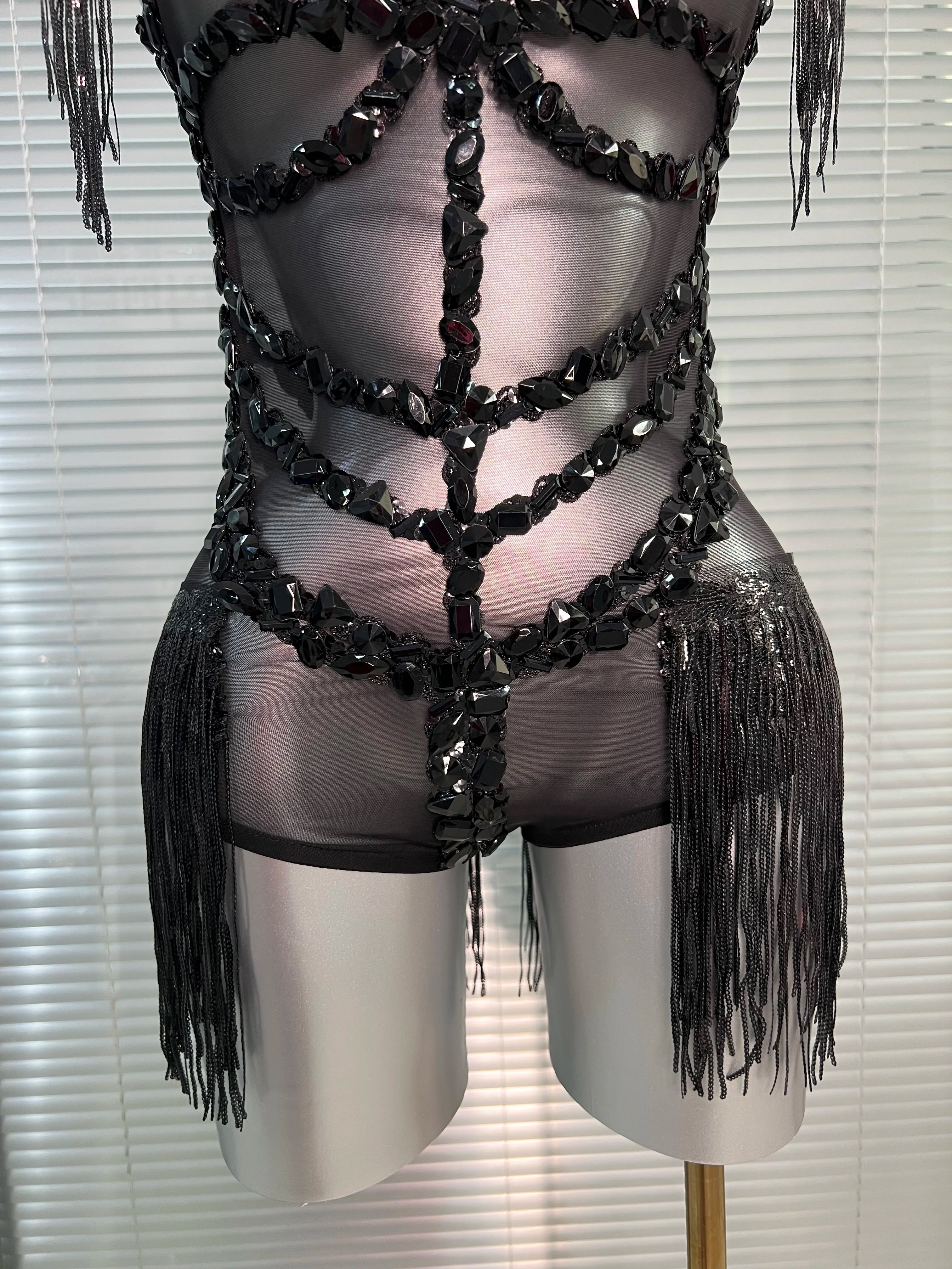 Summer New Women Sexy Black Tassel Crystal Diamonds Stretchy Night Club See Through Singer Dancer Stage Costume Party Bodysuit