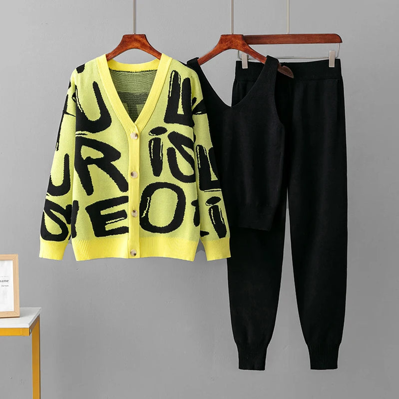 Autumn Winther 3 Piece Women Cardigan Tracksuits Letters Knitted Pocket Pants Set Ladies Sweater Suit European Fashion Outfits Yellow One Size