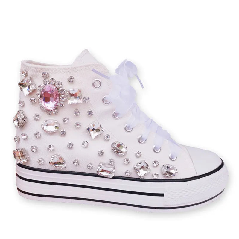 Crystal Hand-made Diamond Thick Bottom Inner High Top Women's Canvas Shoes  Designer Sneaker Women Flats - Basso & Brooke