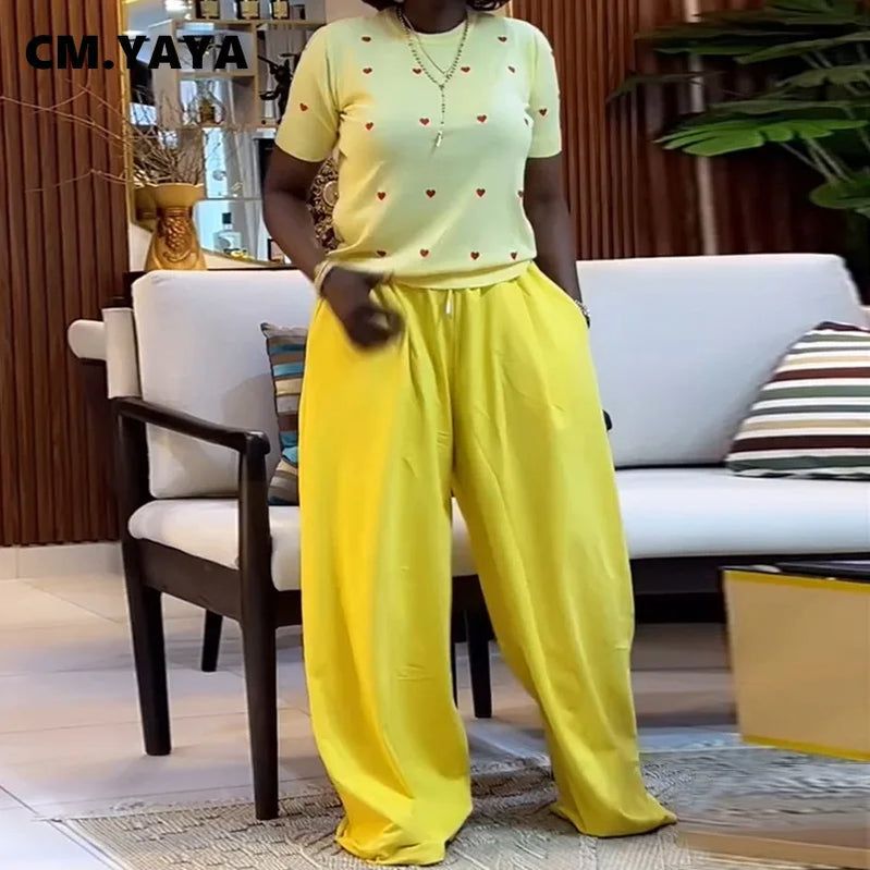 CM.YAYA Fashion Women's Set Love Short Sleeve T-shirt and Wide Leg Pants 2025 Summer Active Two 2 Piece Sets Outfit Tracksuit