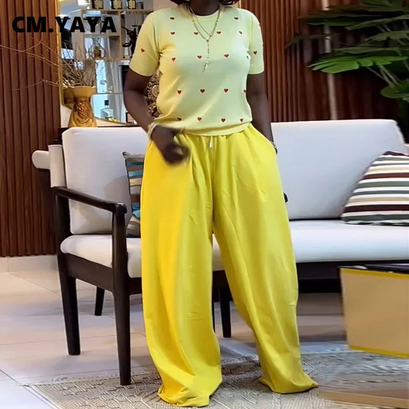 CM.YAYA Fashion Women's Set Love Short Sleeve T-shirt and Wide Leg Pants 2025 Summer Active Two 2 Piece Sets Outfit Tracksuit