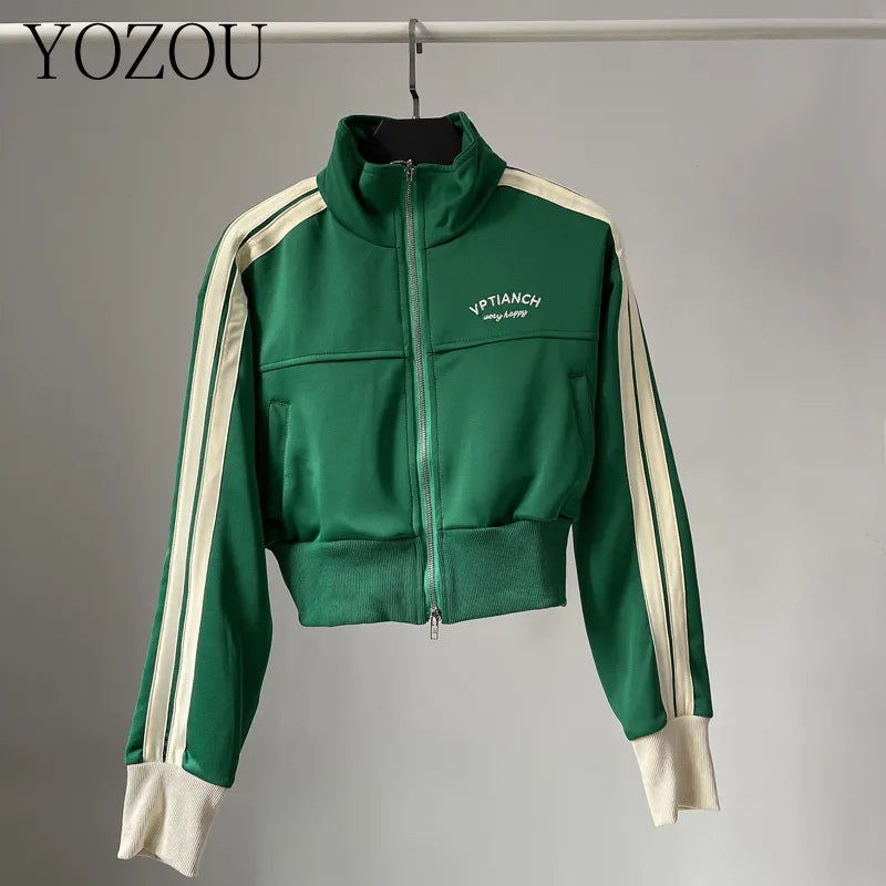 [YOZOU] Spring Double Zipper Baseball Cropped Jacket Women Outerwear Embroidered Striped Green Black White Blue Zip Up Coat