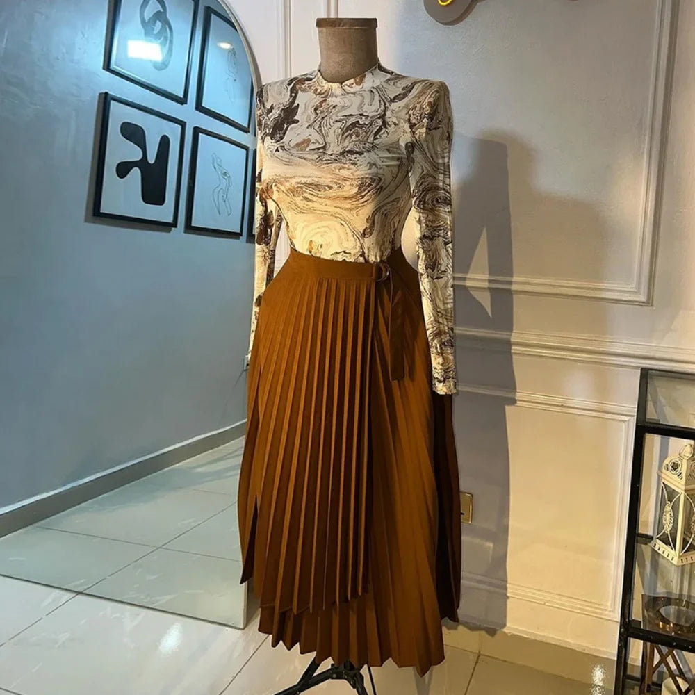 Women's summer new high-waisted slimming lace irregular mid-length A-line skirt brown