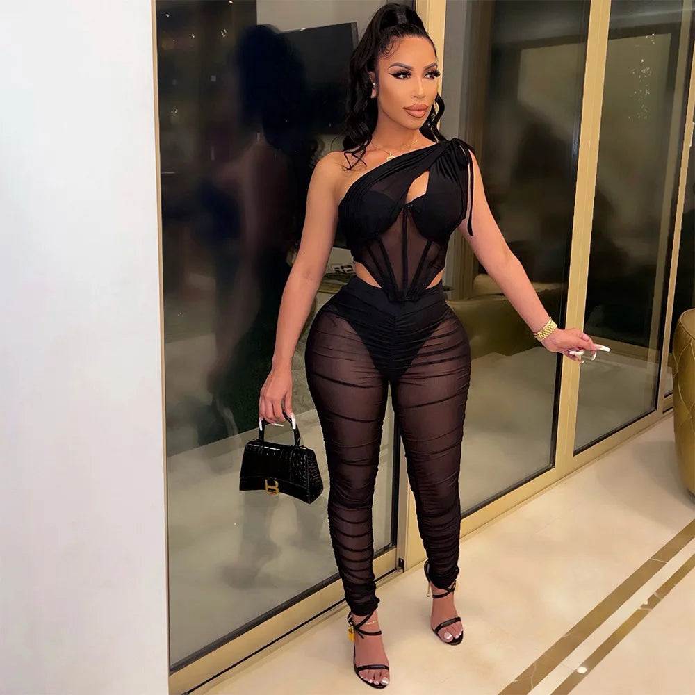 CM.YAYA Mesh See Though Women's Set One Shoulder Sleeveless Crop Top and Stacked Pants Suit 2023 Two 2Piece Set Outfit Tracksuit