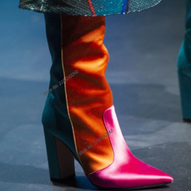 Premium Ladies Chelsea Boots Luxury Designer Shoes Mixed Colors Chunky Heel Tall Boots Side Zip Fashion Boots Zapatos Mujer style1